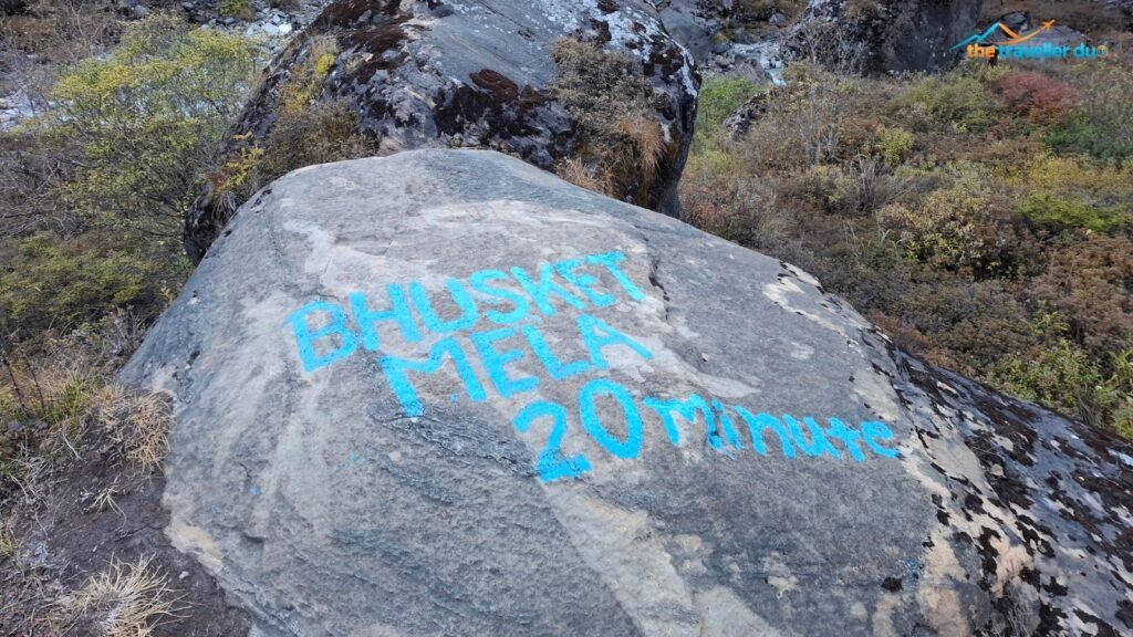 Bhusket Mela 20 minute painted in blue on a rock on the North ABC trail