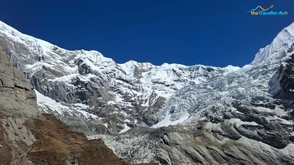 Hanging glaciers and icefall below the Annapurna massif seen from North Annapurna Base Camp