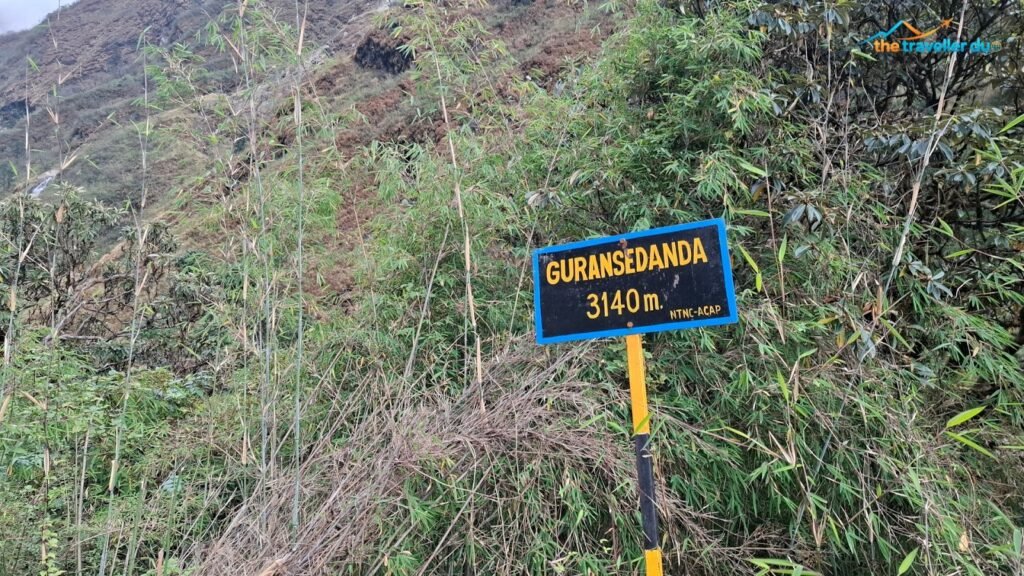 Guransedanda 3140 m signboard among bamboo on the Maurice Herzog Trail near Phutphute waterfall