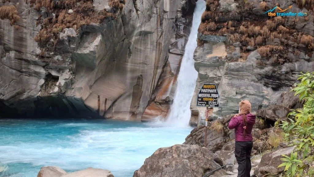 Phutphute waterfall (Futfute Jharna) dropping into a turquoise pool on the North ABC trek in Myagdi