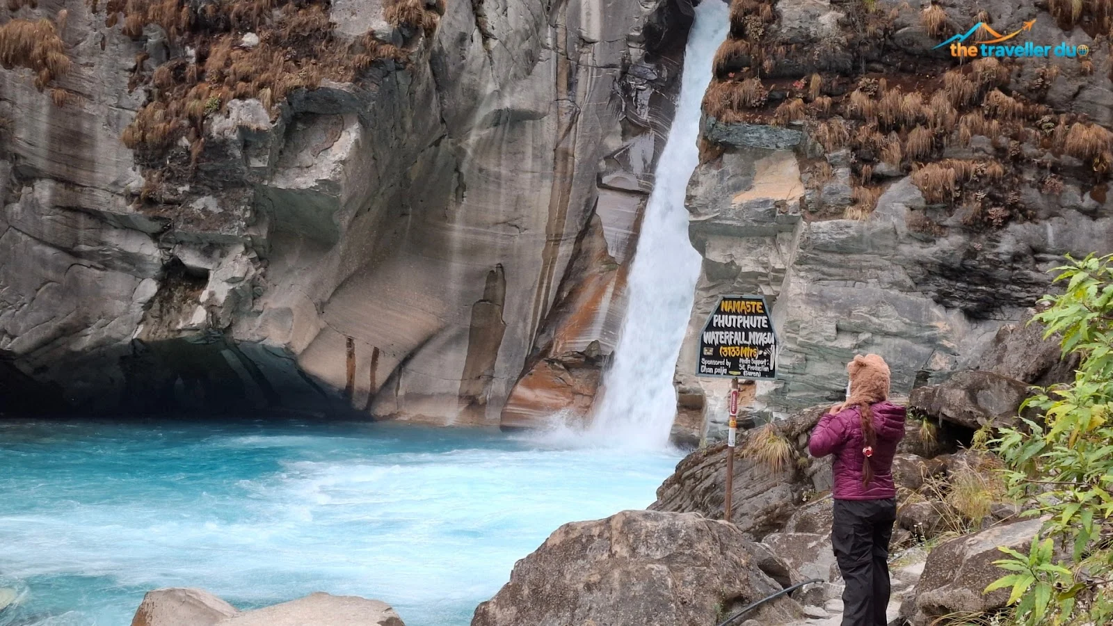 Phutphute waterfall (Futfute Jharna) dropping into a turquoise pool on the North ABC trek in Myagdi